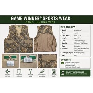 Game Winner Mossy Oak Camo Hunting Vest Mens Large Shell Loops Game Bag Zp Front